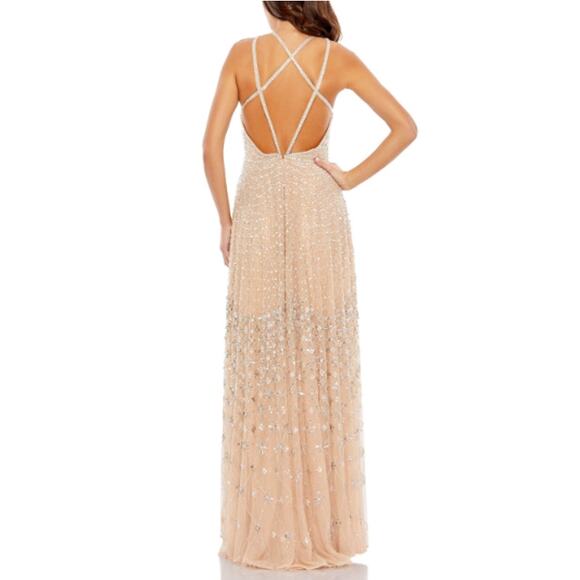NEW MAC DUGGAL Nude Sleeveless Plunge Neck Prom Strappy Evening Gown Size 12 - Picture 2 of 10